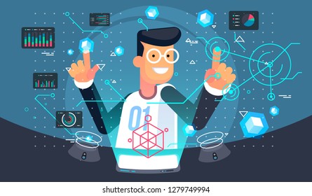 Virtual reality user. VR tech illustration. Futuristic user interface.