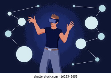 Virtual reality user. VR tech illustration. Additional reality interface. Futuristic user interface. User working with artificial neurons connected into neural network.
