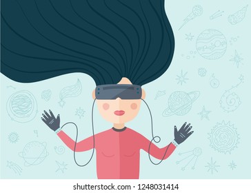 Virtual reality vector card. Girl playing a virtual game. Cartoon flat illustration.