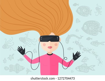 Virtual reality vector card. Girl playing a virtual game. Cartoon flat illustration.