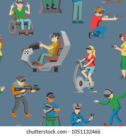 Virtual reality vector character gamer with vr glasses and person playing in virtuallization technology illustration set of people gaming in virtually game seamless pattern background