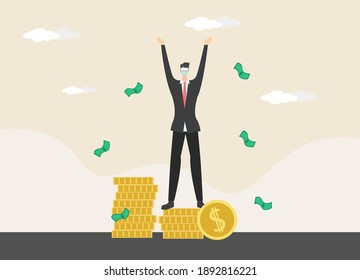 Virtual reality vector concept: Happy businessman wearing virtual reality glasses while standing on piles of money