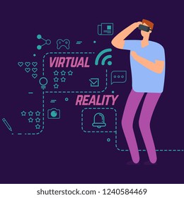 Virtual reality vector concept with line social icons and cartoon character boy