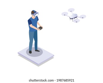 Virtual reality vector concept. Young man wearing vr glasses while controlling a drone. Isolated on white background