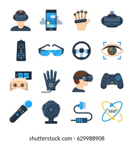 Virtual reality vector icon set in flat style on a white background. Gadgets and accessories for additional, virtual reality or its simulations. Playing virtual 360 degree games.