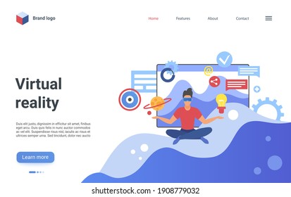 Virtual reality vector illustration. Cartoon innovation futuristic technology, man in vr digital glasses sitting with abstract symbols of education, idea research, social media messages landing page