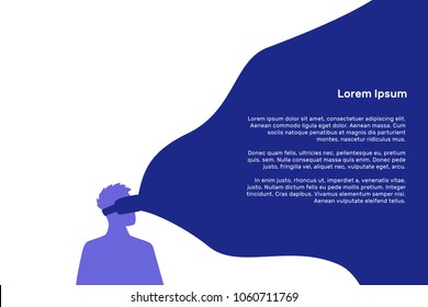 Virtual reality, vector illustration, flat silhouette, text banner, poster concept, men in helmet, white, blue