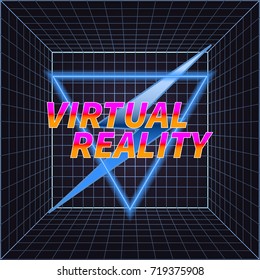Virtual Reality Vector Illustration in Retro Style. Vintage Sci-Fi Background. VR Room with Bright Grid. Concept of Computer Epoch in 80s and 90s.