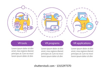 Virtual reality vector infographic template. VR applying, tools, programs. Data visualization with five steps and option. Process timeline chart. Workflow layout with icons