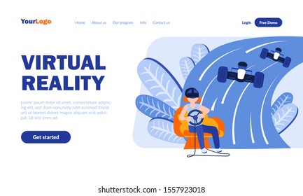 Virtual reality vector landing page template with header. Simulated environment, game immersion web banner, homepage design with flat illustrations. Online gamer cartoon character. Technology concept