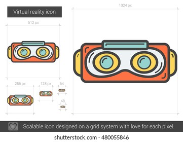 Vektorsymbol virtueller Realität, einzeln auf weißem Hintergrund. Virtual-Reality-Line-Symbol für Infografik, Website oder App. Skalierbares Symbol, das auf einem Gittersystem entworfen wurde.