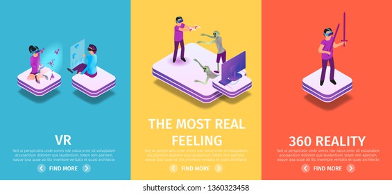 Virtual Reality Vertical Banners Set on Colorful Background with Copy Space. People Playing VR Games. Man in Goggles Holding Swords. VR and Augmented Reality. 3d Flat Vector Isometric Illustration