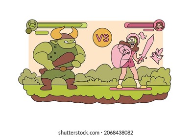 Ilustración vectorial de combate de videojuegos de realidad virtual. Chica con super poder y monstruo verde estilo plano. Vr, juego, concepto de entretenimiento