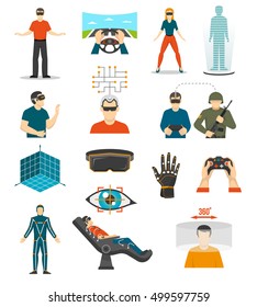 Virtual reality video games icons set with joystick in people hands wired gloves augmented reality glasses isolated vector illustration 