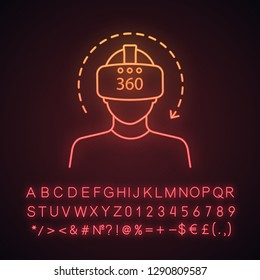 Icono de la luz de neón del video de realidad virtual. Video de 360 grados. Reproductor VR con máscara VR, gafas, auriculares y flecha de rotación. Signo brillante con alfabeto, números y símbolos. Ilustración aislada de vectores