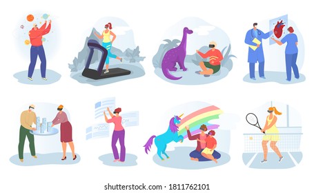 Virtual reality, vr concept, set of vector illustrations. Young people wearing augmented reality glasses for playing game and vr simulation. 3d visual entertainment, equipment, video innovation.