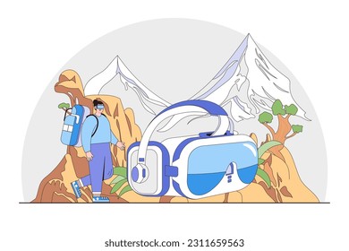Virtual Reality (Vr) Experiences with a Person Interacting Vr Environment and Exploring Mountain Land in Virtual World.