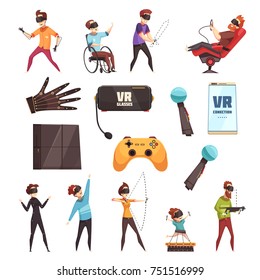 Virtual reality vr gadgets gaming system accessories cartoon icons collection with playstation glasses microphone isolated vector illustration 