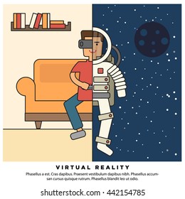 Virtual Reality VR Gaming In Outer Space (Vector Illustration in Line Art Flat Style Design)