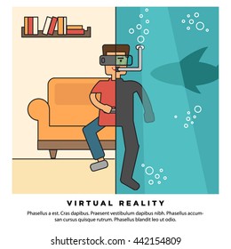 Virtual Reality VR Gaming Underwater (Vector Illustration in Line Art Flat Style Design)
