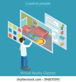 Virtual Reality VR Glass application concept web vector flat isometric style illustration. New technology collection. Male wearing glasses working interior app.