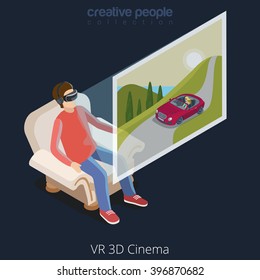 Virtual Reality VR Glass Cinema concept web vector flat isometric style illustration. New technology collection. Male wearing glasses sitting chair watching 3d cinema.
