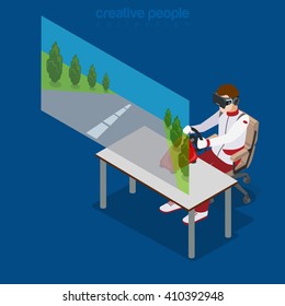 Virtual Reality VR Glass Gaming Road Race Racing Concept. 3d Isometric Style Vector Illustration. Male Wearing Glasses Sitting Chair Watching 3d Cinema.