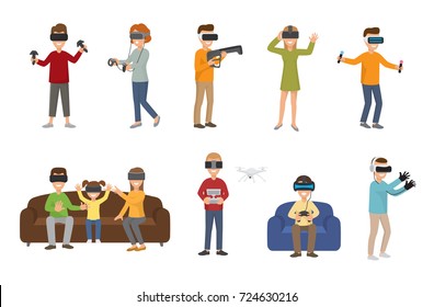 Virtual reality VR glass headset people playing enjoy 3d goggles device characters simulation futuristic video game vector illustration.