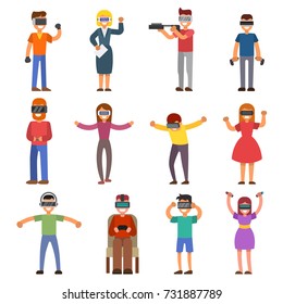 Virtual reality VR glass headset people playing enjoy 3d goggles device characters simulation futuristic video game vector illustration.