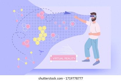 Virtual reality VR glasses invented world, vector concept illustration. A man catches a paper airplane in another dimension with VR glasses