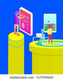 Virtual reality, vr goggles used while playing games with gamepad table tennis on big screen. Man using laptop and wear innovative spectacles vector