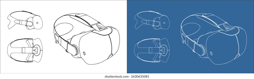Virtual Reality VR Headset e Reality Glasses Blueprint Vetor - Linha Técnica Desenho Isolado em Fundo Transparente