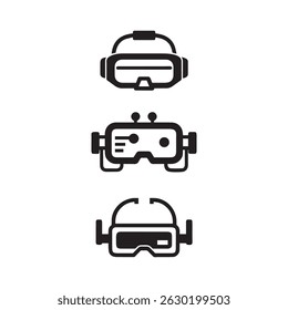 Virtual Reality VR Headset Icons, Gaming and Tech Wearable Devices Line Vector Set