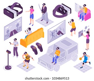 Virtual reality vr immersive experience simulators portable gadgets training activities headsets displays isometric icons collection vector illustration 