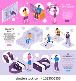 Virtual reality vr simulators portable gadgets headsets displays equipment 3 isometric horizontal banners webpage design vector illustration 