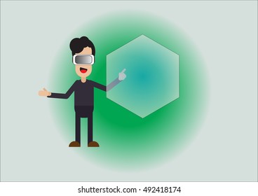 Virtual reality (vr) technology concept.
A business man using Vr glasses and point hand to Vr technology screen