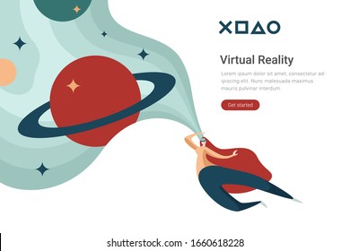 Ilustración de diseño vectorial plano de Virtual Reality VR Technology. Mujer con anteojos virtuales en el espacio con planetas
