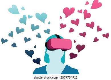 Virtual Reality VR user and hearts. VR headset user and hearts floating in background. Virtual Reality fantasy concept. Love, dating, relationship experience concept. EPS 10.