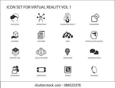 Virtual Reality (VR) vector icon set. Multiple symbols in flat design like virtual reality glasses, augmented reality, sensor, interaction, 3d model