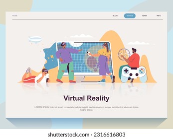 Concepto web de realidad virtual para la página de inicio en diseño plano. Hombre y mujer usando tecnología VR y metástasis para juegos, redes, educación. Ilustración vectorial con escena de personas para la página principal del sitio web