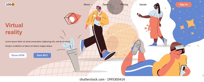 Virtual reality web concept. Men and women wearing VR glasses learning or gaming scene. Banner template with flat line characters design. Vector illustration for social media promotional materials