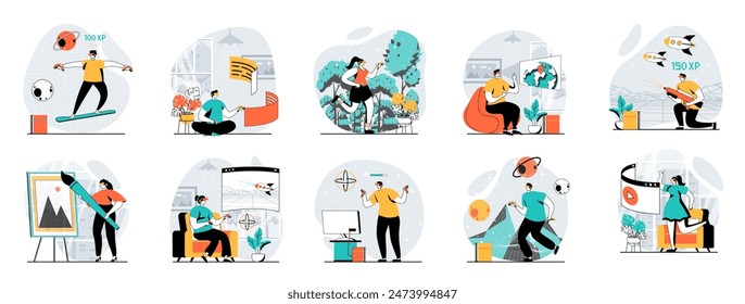 Concepto de Web de realidad virtual con escenas de personas mega conjunto en diseño plano. Paquete de situaciones de carácter con juegos, trabajo, estudio, dibujo en gafas de realidad virtual en espacio aumentado. Ilustraciones vectoriales.