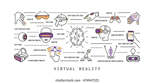 Virtual reality web horizontal banner with isolated lined icons set advertising vr technology and vr devices on the white background. Vector illustration