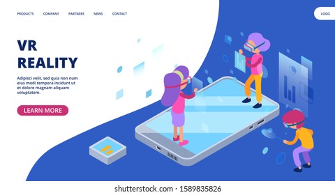 Virtual reality web page. Augmented reality isometric vector concept. Modern person character design
