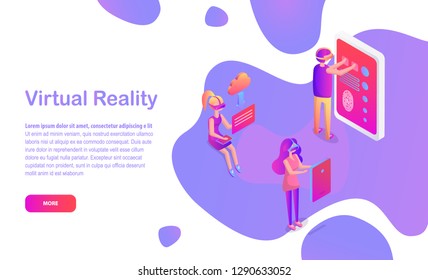 Virtual reality web page with people in VR glasses vector. Men and women with modern devices, cloud and touch screen, gadget, smartphone or tablet