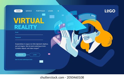 sitio web de realidad virtual ilustración de un banner de mujeres usando lentes de realidad virtual explorando aplicaciones virtuales. utilizado para banner del sitio web, imagen de la página de inicio y otros