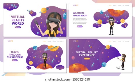 Virtual reality website templates set.  Girl with VR headset in outer space with planets and rocket. Vector flat illustration concept for web design and development, app VR technology, entertainment.