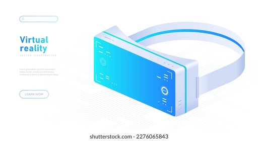 Virtual reality white banner. VR glasses for game sand study. Metaverse and cyberspace. Innovations and modern technologies, gadgets and devices. Landing page. Cartoon isometric vector illustration