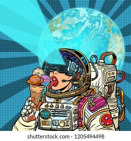 Virtual reality. Woman astronaut and space dreams. Woman astronaut eats planets of the solar system, like ice cream. Humanity and cosmic dreams concept. Pop art retro vector illustration vintage