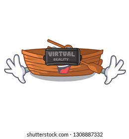 Virtual reality wooden boat sail at sea character